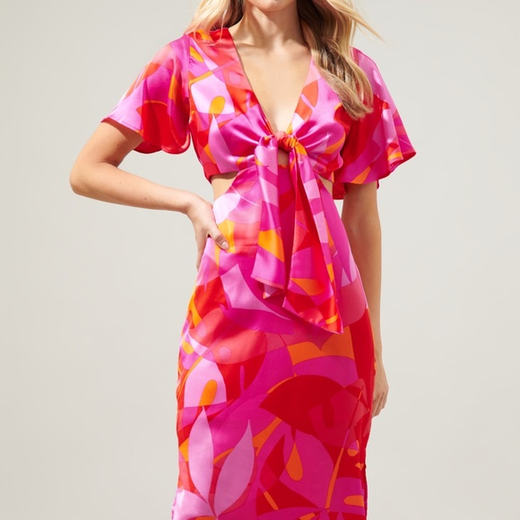 SUGARLIPS ✨NEW✨ Sangria Abstract Joelle Front Tie Midi Dress - Medium - NWT - Picture 2 of 6